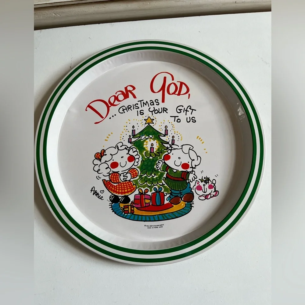 Vintage “Dear God, Christmas is your gift to Us” Annie tin circle tray platter